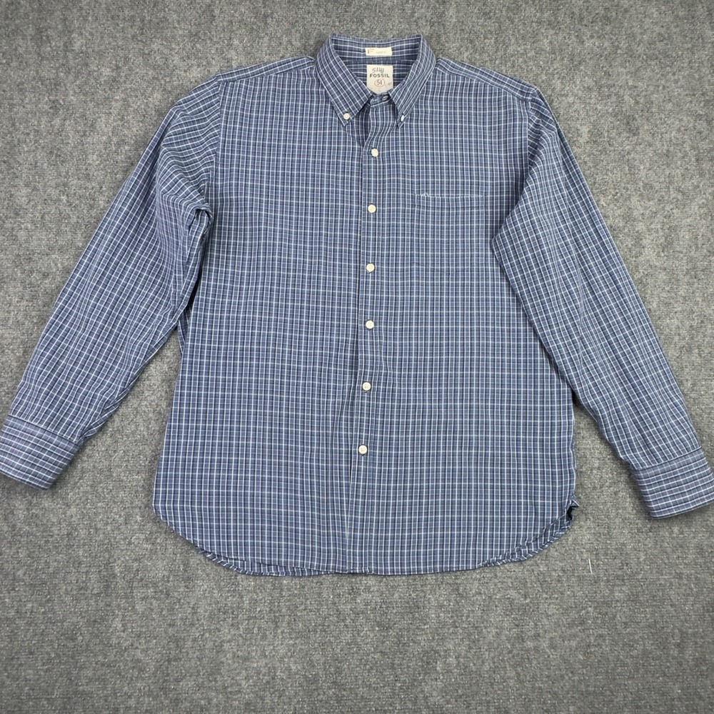 Fossil Shirt Mens L Blue Plaid Button Classic Fit Long Sleeve Preppy Office